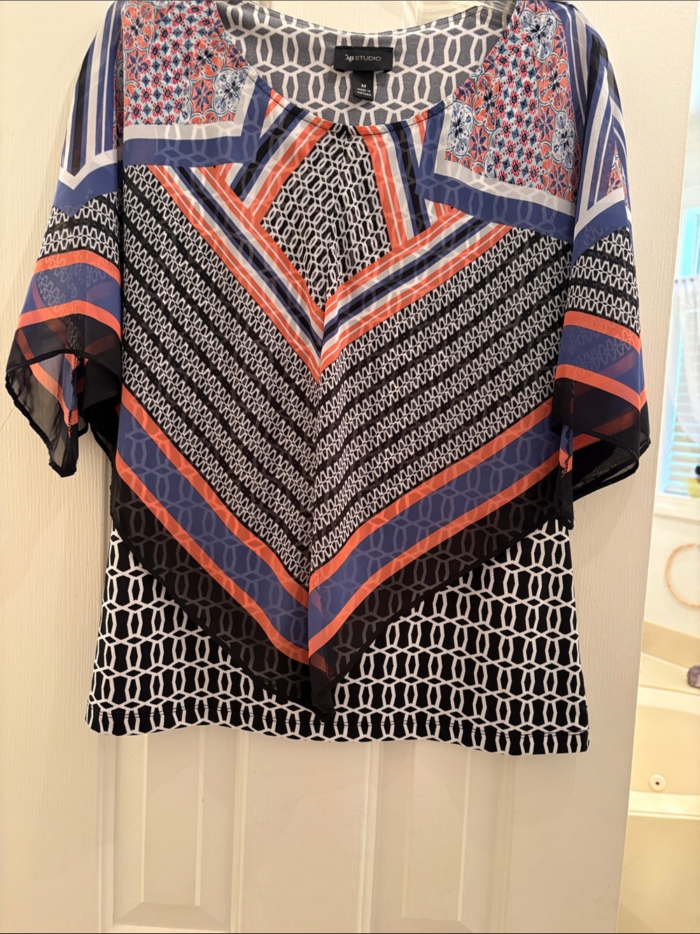 AB Studio Black, Blue & Coral Geometric Layered Blouse